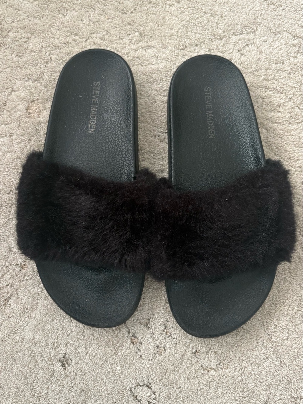 Steve Madden Black Faux Fur Slide Sandals